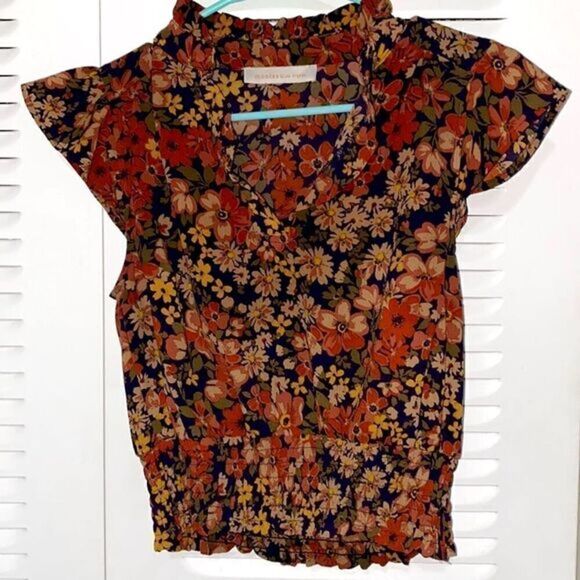Retro Flower Blouse Navy Rust Red Boho - Picture 1 of 2